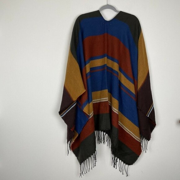 Woven Heart Western style Poncho Ruana Wearable Blanket Shawl Wrap Color Block - Picture 3 of 5
